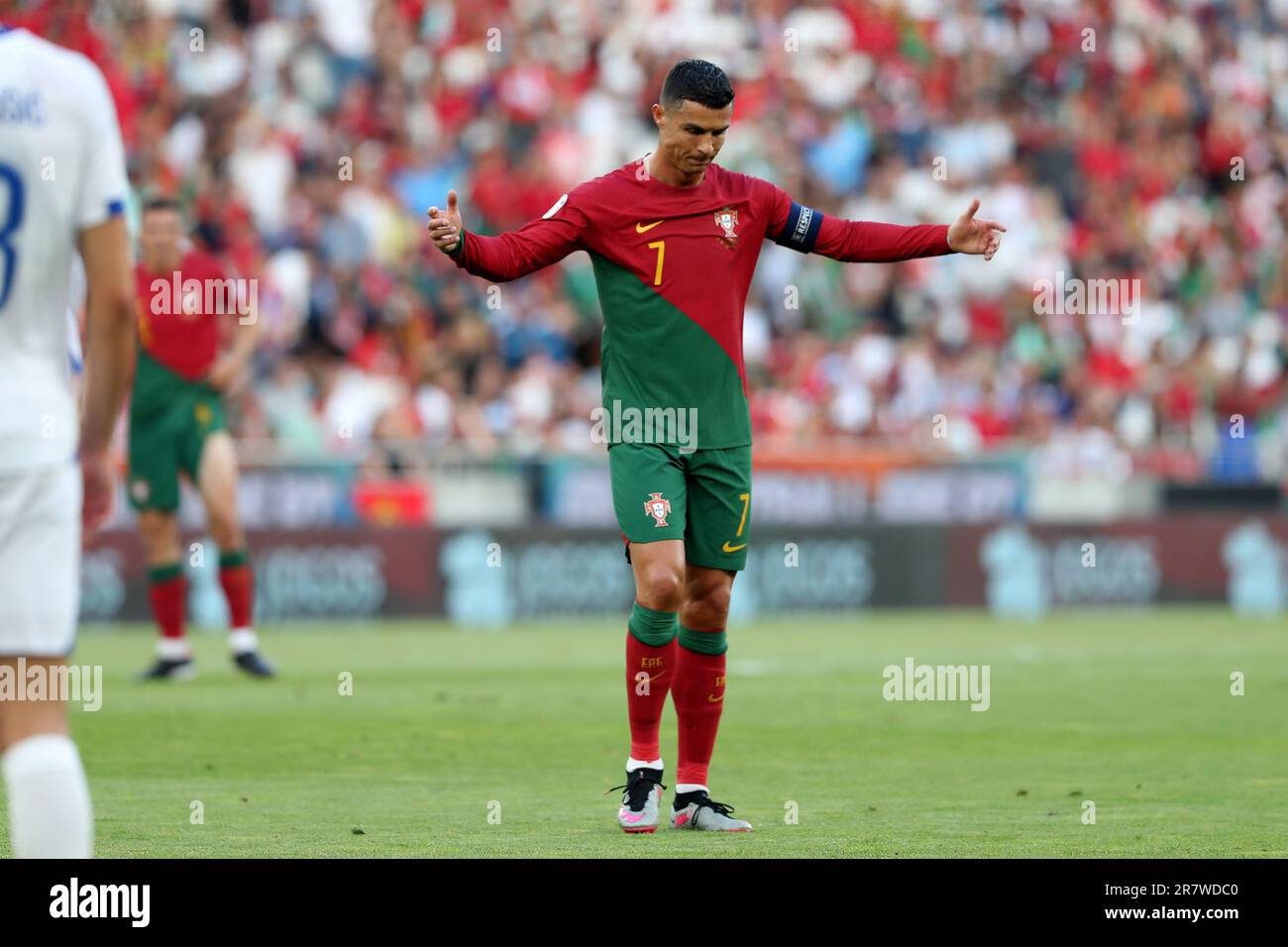 Lisbon, Portugal. 17th June, 2023. Cristiano Ronaldo of Portugal reacts during the UEFA Euro 2024 group J qualifiers match between Portugal and Bosnia and Herzegovina, at the Luz stadium in Lisbon, Portugal, on June 17, 2023. (Credit Image: © Pedro Fiuza/ZUMA Press Wire) EDITORIAL USAGE ONLY! Not for Commercial USAGE! Stock Photo