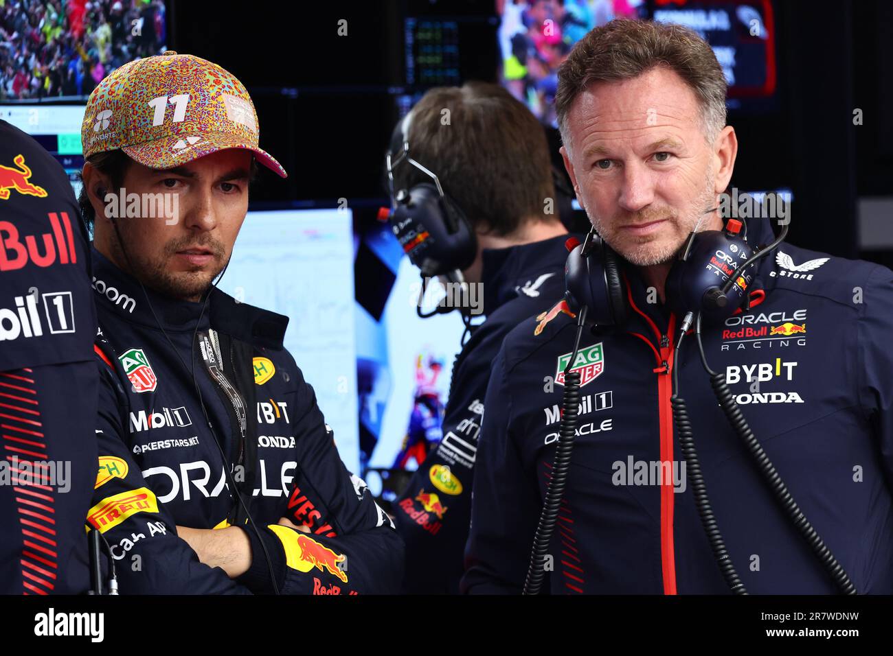 Montreal, Canada. 17th June, 2023. (L to R): Sergio Perez (MEX) Red Bull  Racing and Christian Horner (GBR) Red Bull Racing Team Principal.  17.06.2023. Formula 1 World Championship, Rd 9, Canadian Grand