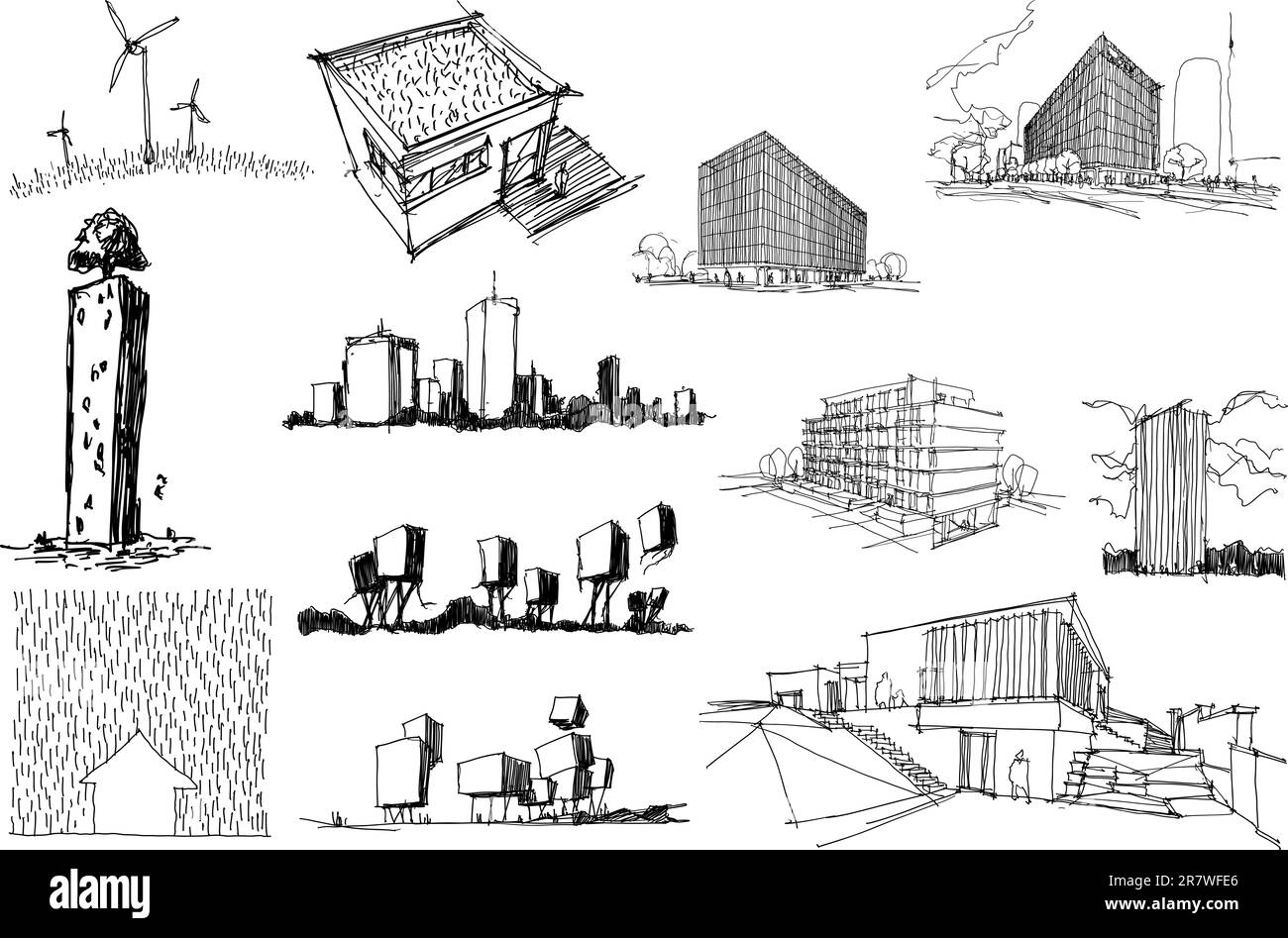 many hand drawn architectectural sketches of a modern abstract