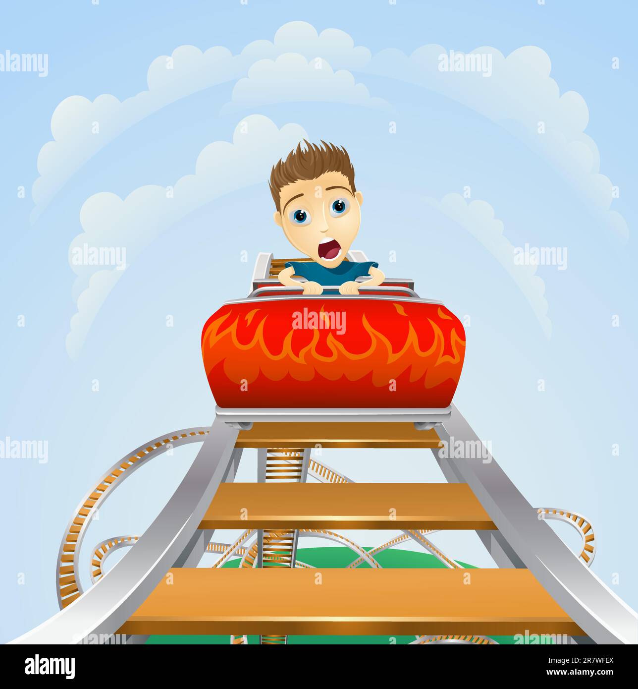 Cartoon of a young boy or man looking terrified on a roller coaster ride Stock Vector