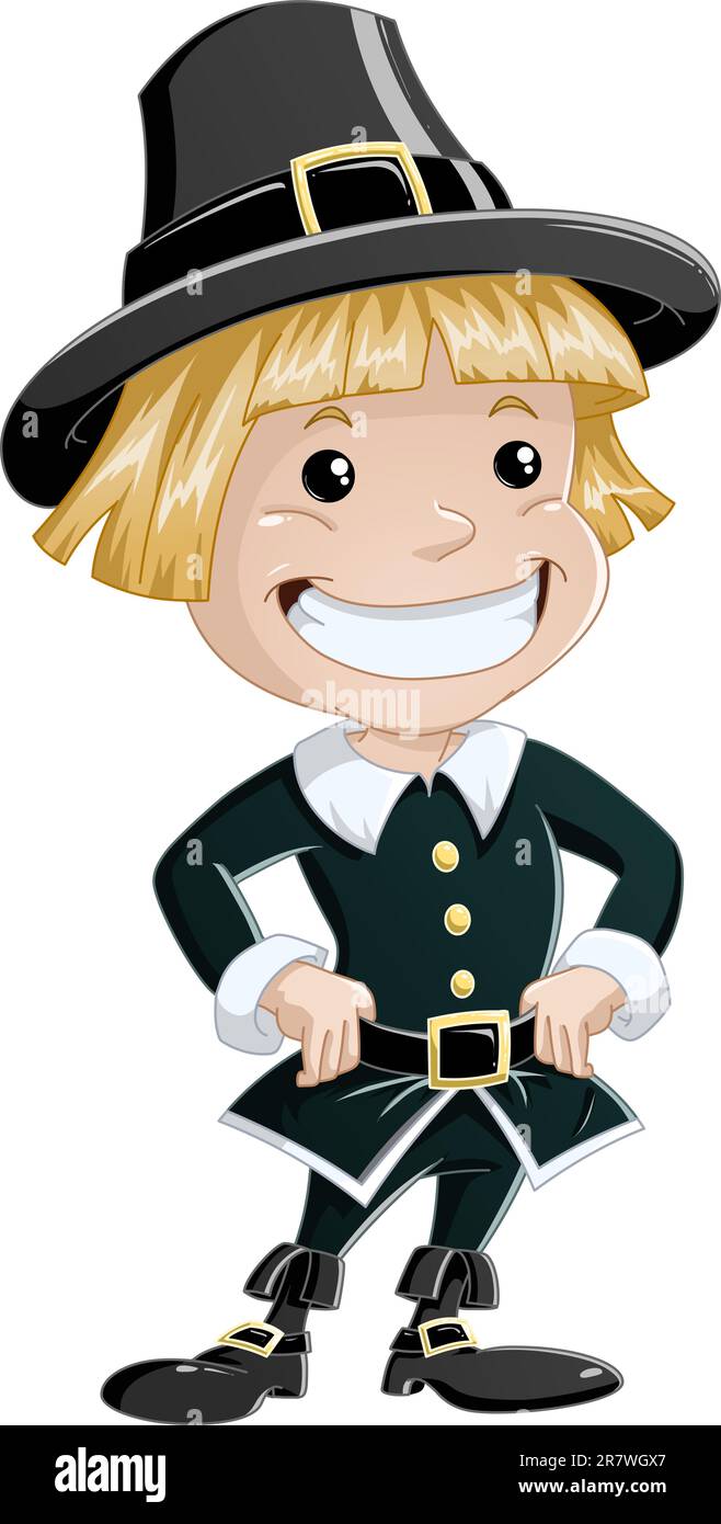 A vector illustration of a settler boy wearing traditional clothes for Thanksgiving. Stock Vector