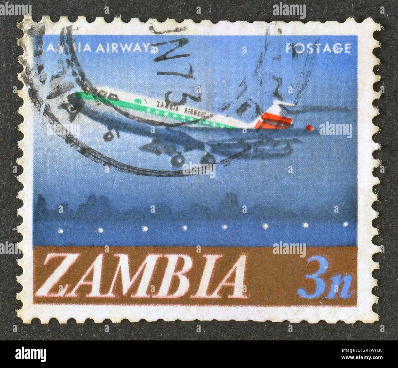 Cancelled postage stamp printed by Zambia, that shows Zambia Airways Vickers VC-10 jetliner, circa 1968. Stock Photo