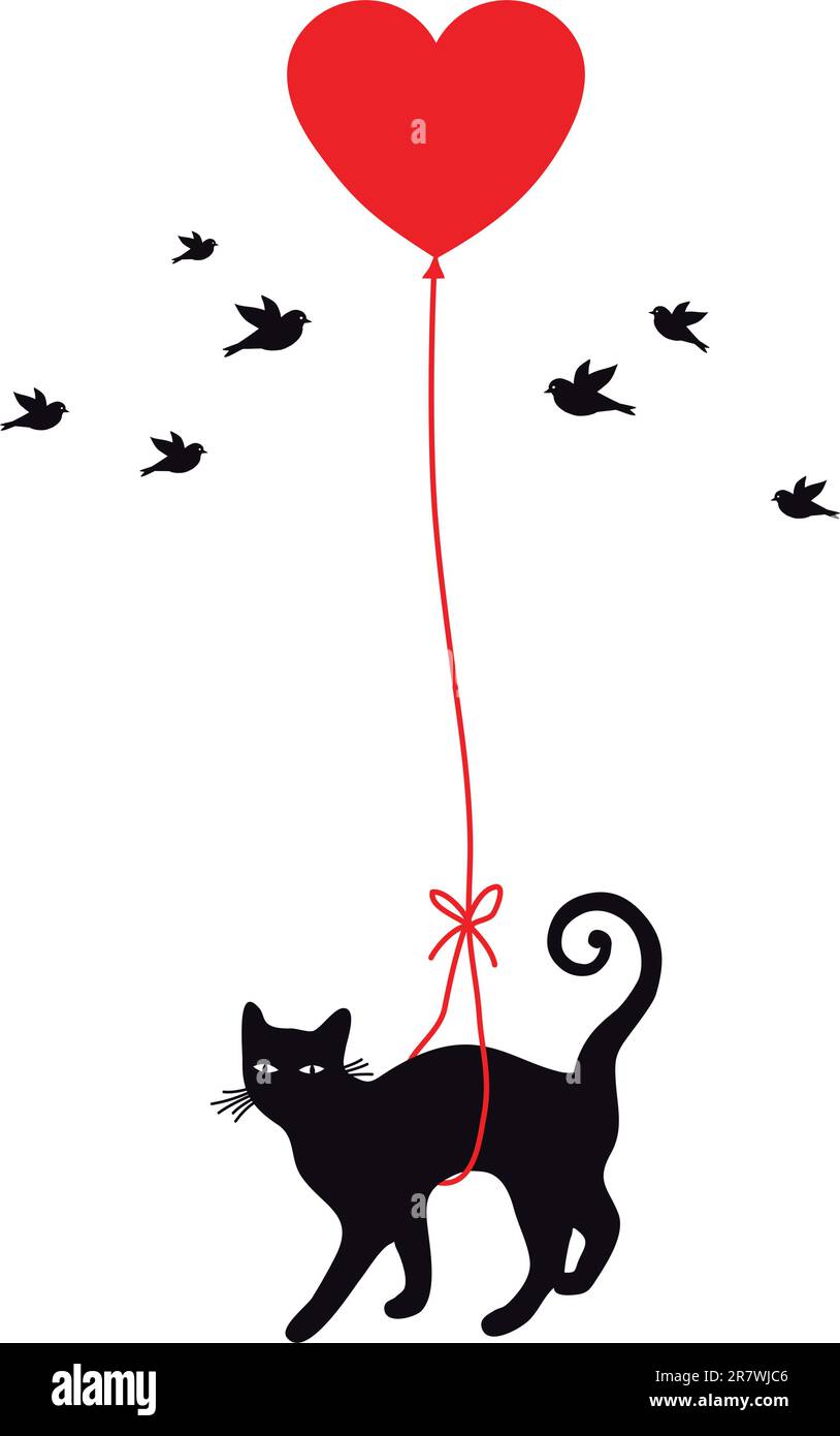 cat with red heart balloon, vector background Stock Vector Image & Art ...