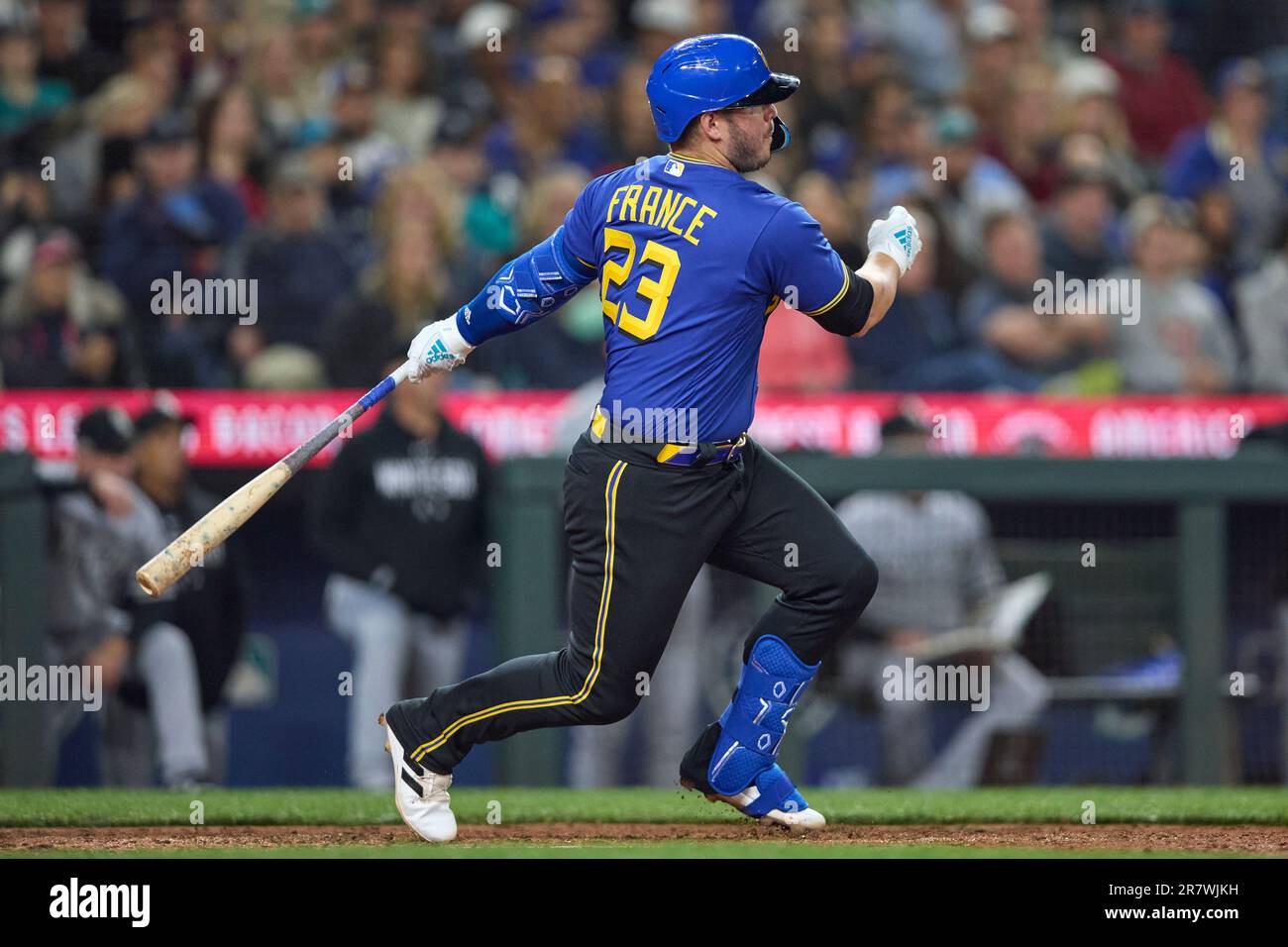 Denver, USA, 21st July 2021. July 1202021: Seattle first baseman Ty France  (23) makes a play during the game with the Seattle Mariners and the  Colorado Rockies held at Coors Field in