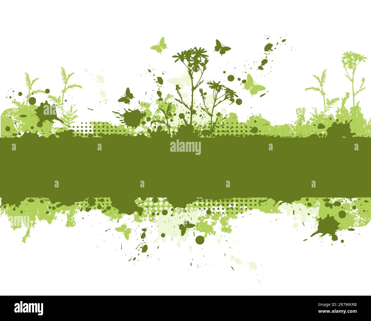 green grunge background with flowers and butterflies Stock Vector