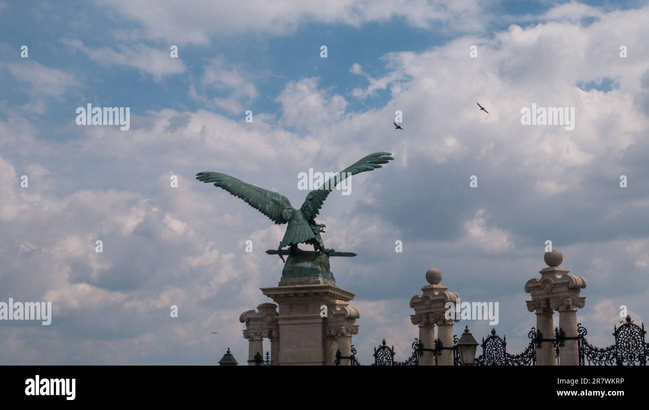 Budapest, Hungary - 05.20.2023: Turul bird statue on the mountain, Tatabanya, Hungary. Turul szobor, Tatabanya, Magyarorszag Stock Photo