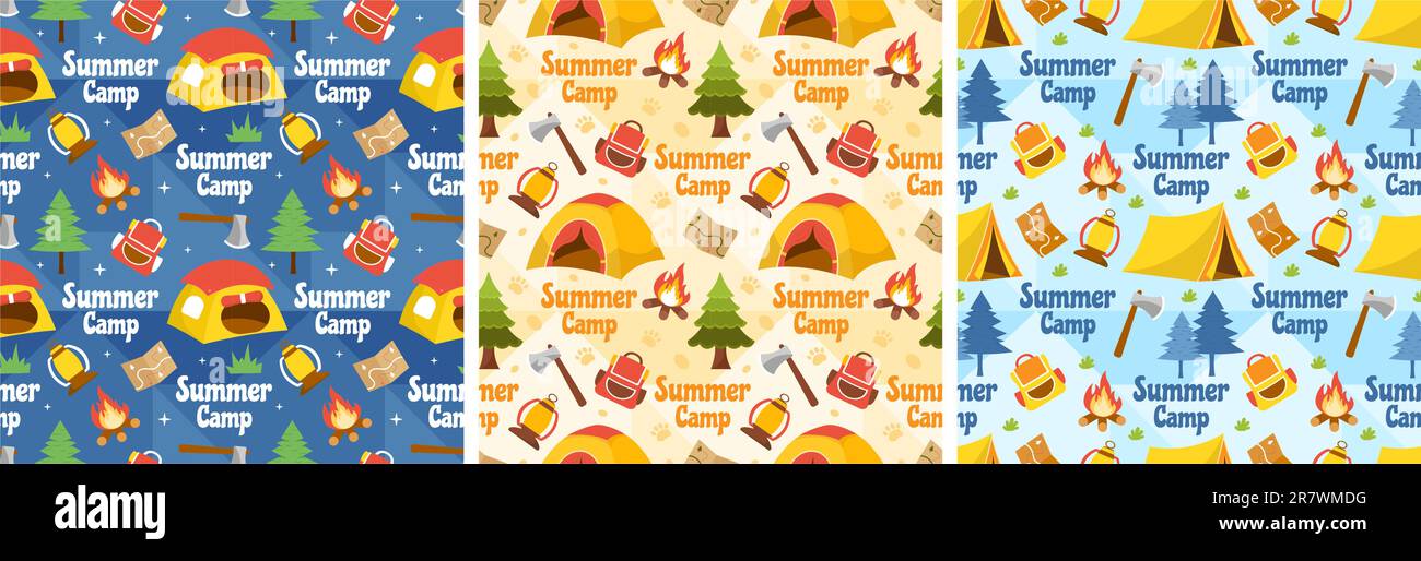 Set of Summer Camp Seamless Pattern Design of Camping and Traveling ...
