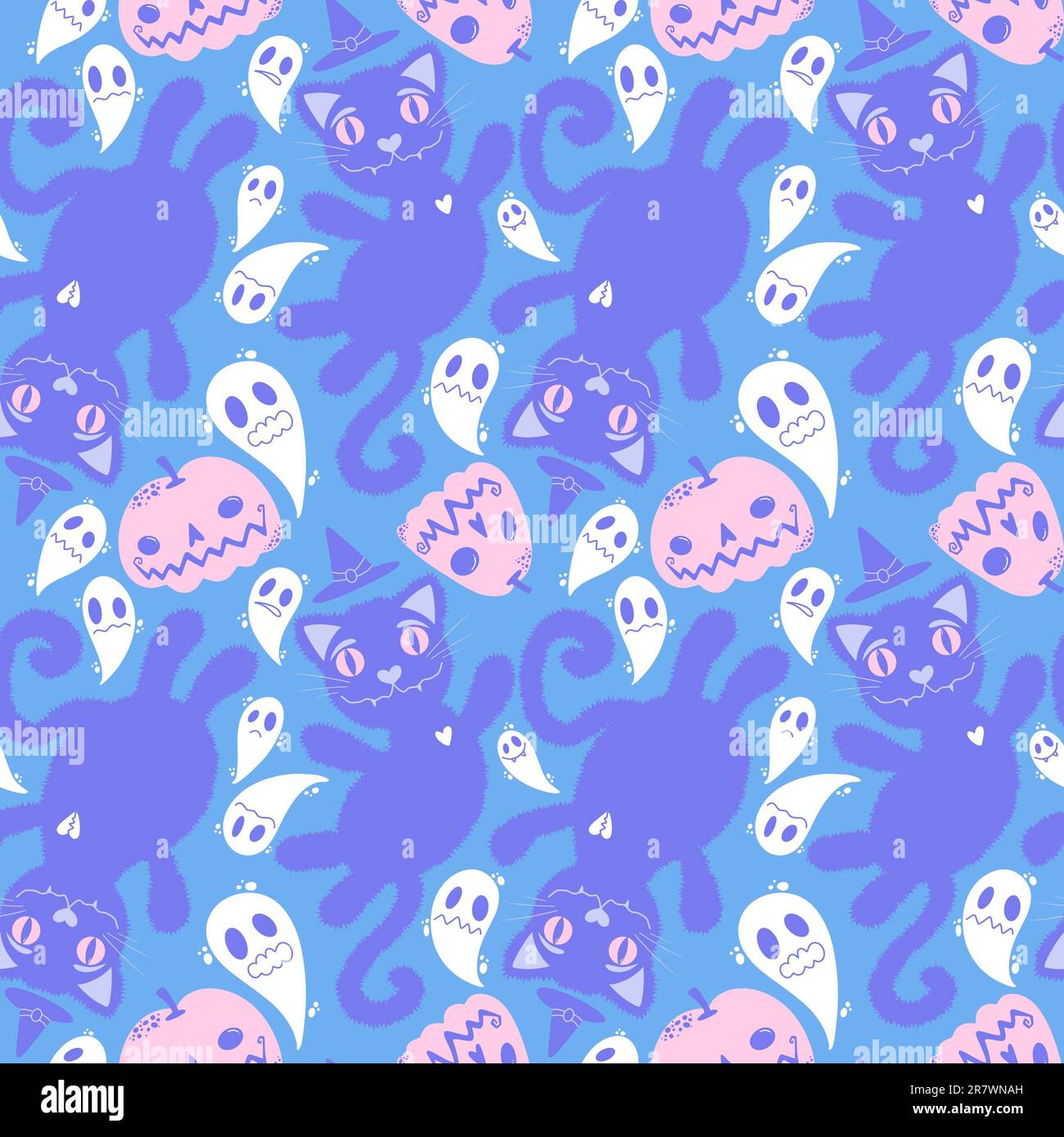 Halloween cartoon black cats seamless animals fluffy monsters pattern ...