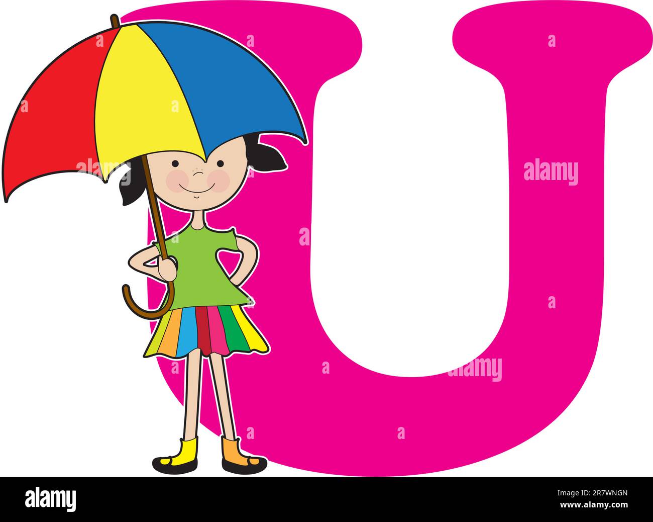 A young girl holding an umbrella to stand for the letter U Stock Vector