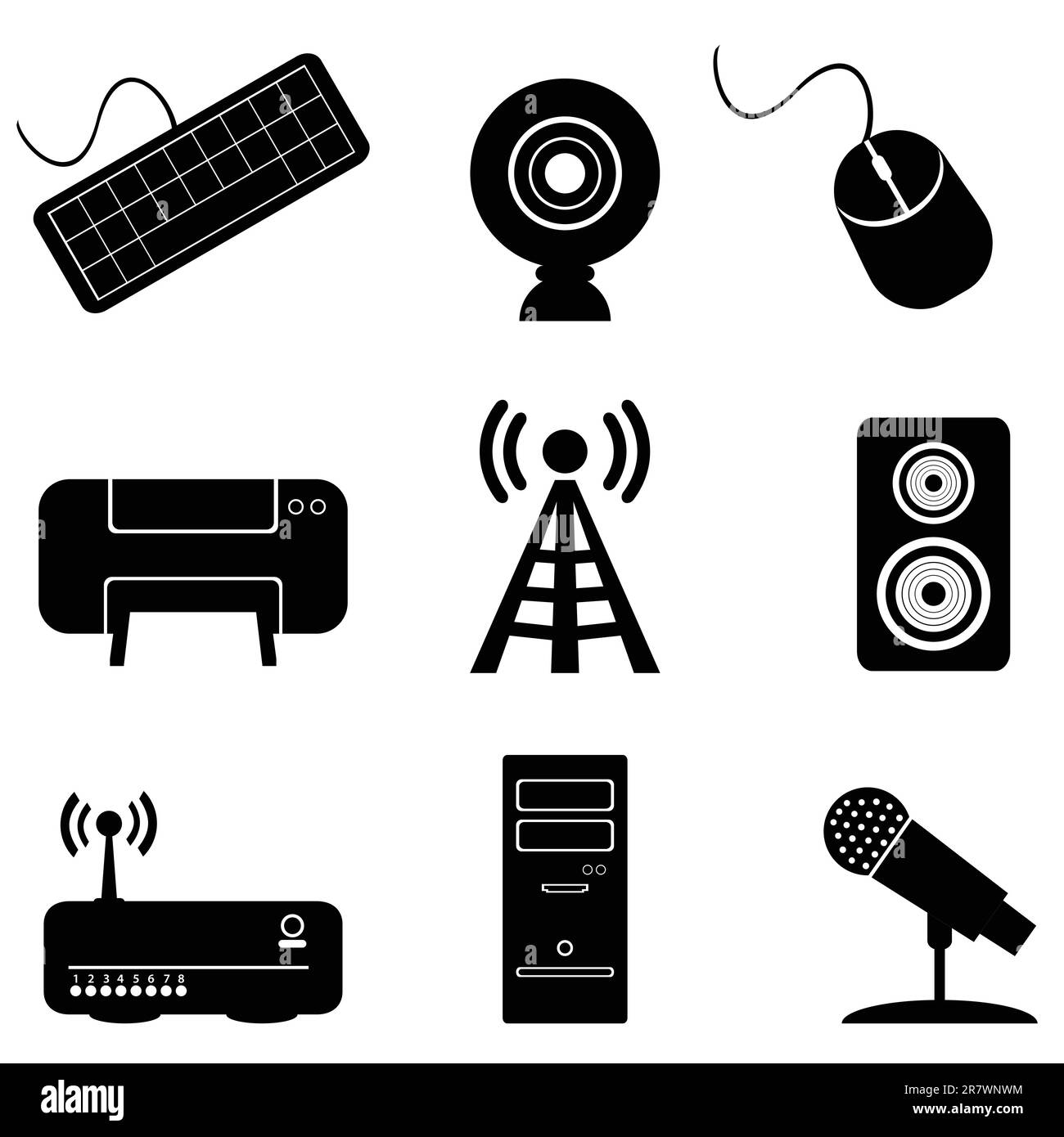 Parts of computer and PC hardware components in outline collection set.  Labeled elements for device and peripherals assembly vector illustration.  Build custom electronics with motherboard, ram and CPU Stock Vector