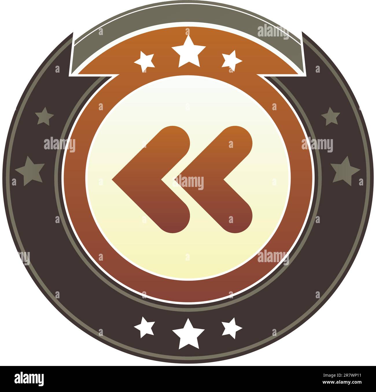 Reverse, rewind, or back media player icon on round red and brown ...