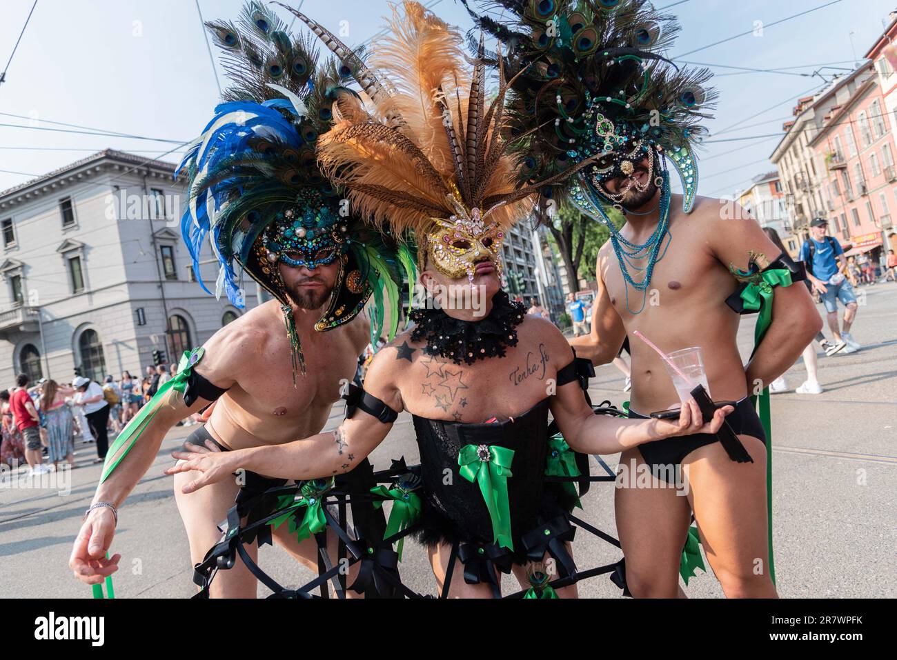 Torino, Turin, Italy. 17th June, 2023. A group of men wear headdress masks  during Pride parade in the streets of Turin. (Credit Image: © Matteo  Secci/ZUMA Press Wire) EDITORIAL USAGE ONLY! Not