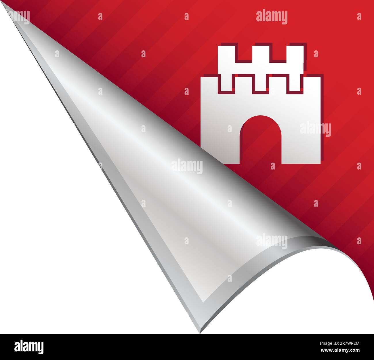 Castle icon on vector peeled corner tab suitable for use in print, on websites, or in advertising materials. Stock Vector