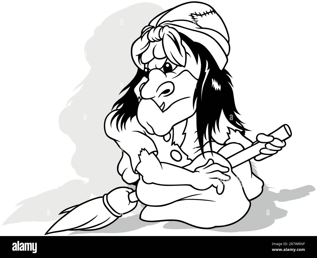 Drawing of an Ugly Witch in Torn Clothes Sits on a Broom Stock Vector
