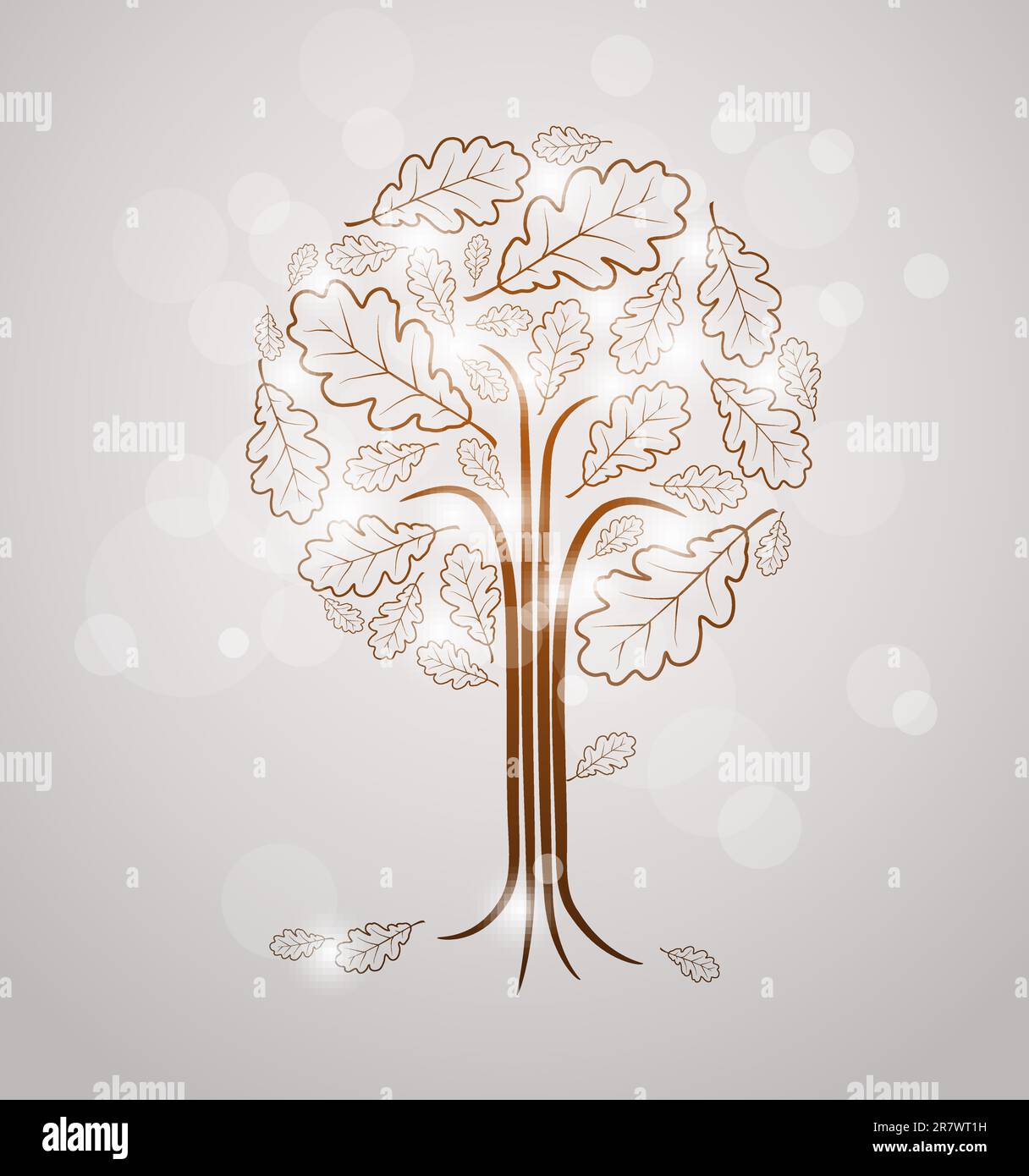 Vintage abstract tree drawing made from oak leafs and white lights ...