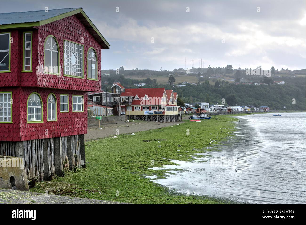 The Palafitos of Chiloe - colorful wooden houses on stilts along the river, Castro, Chiloe Island, Chile Stock Photo