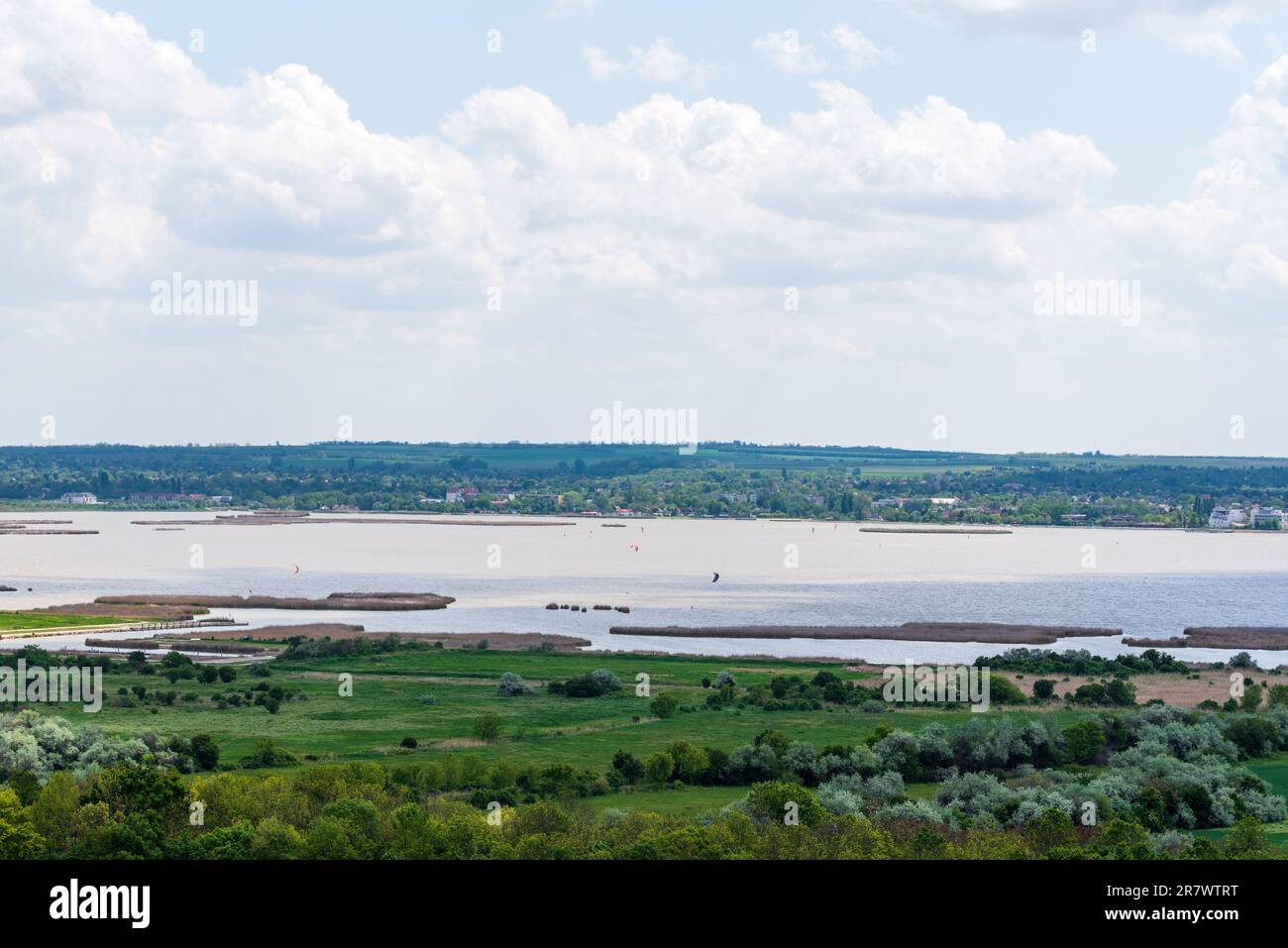 beautiful panorama of Lake Velence. The lake has an area of 26 km2, one third of which is covered by the common reed. Stock Photo