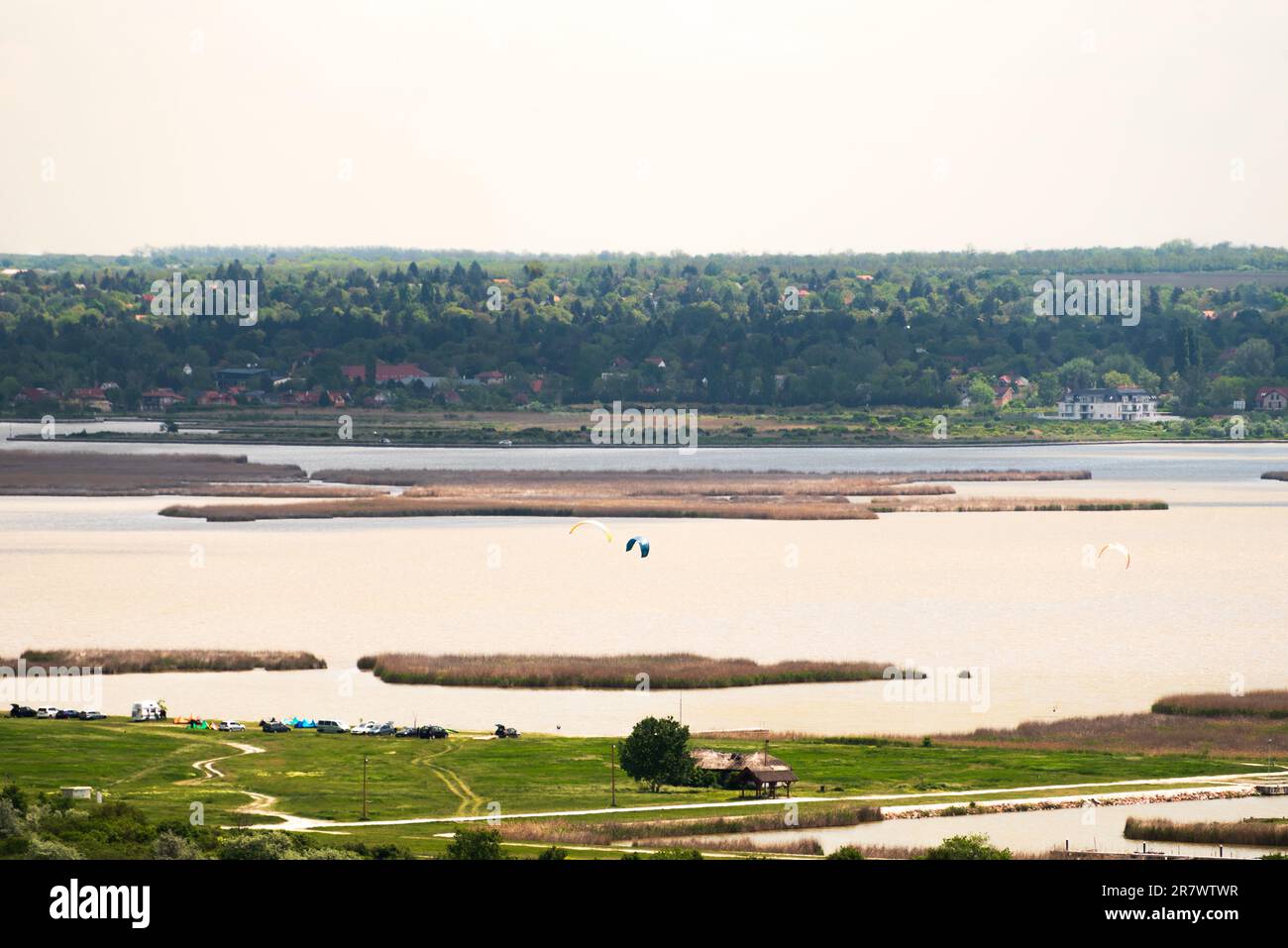 beautiful panorama of Lake Velence. The lake has an area of 26 km2, one third of which is covered by the common reed. Stock Photo