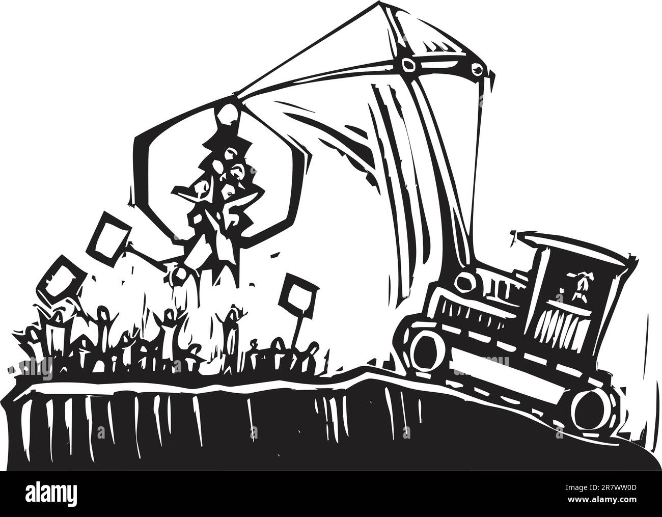 crane breaks up a protest in authority metaphor Stock Vector