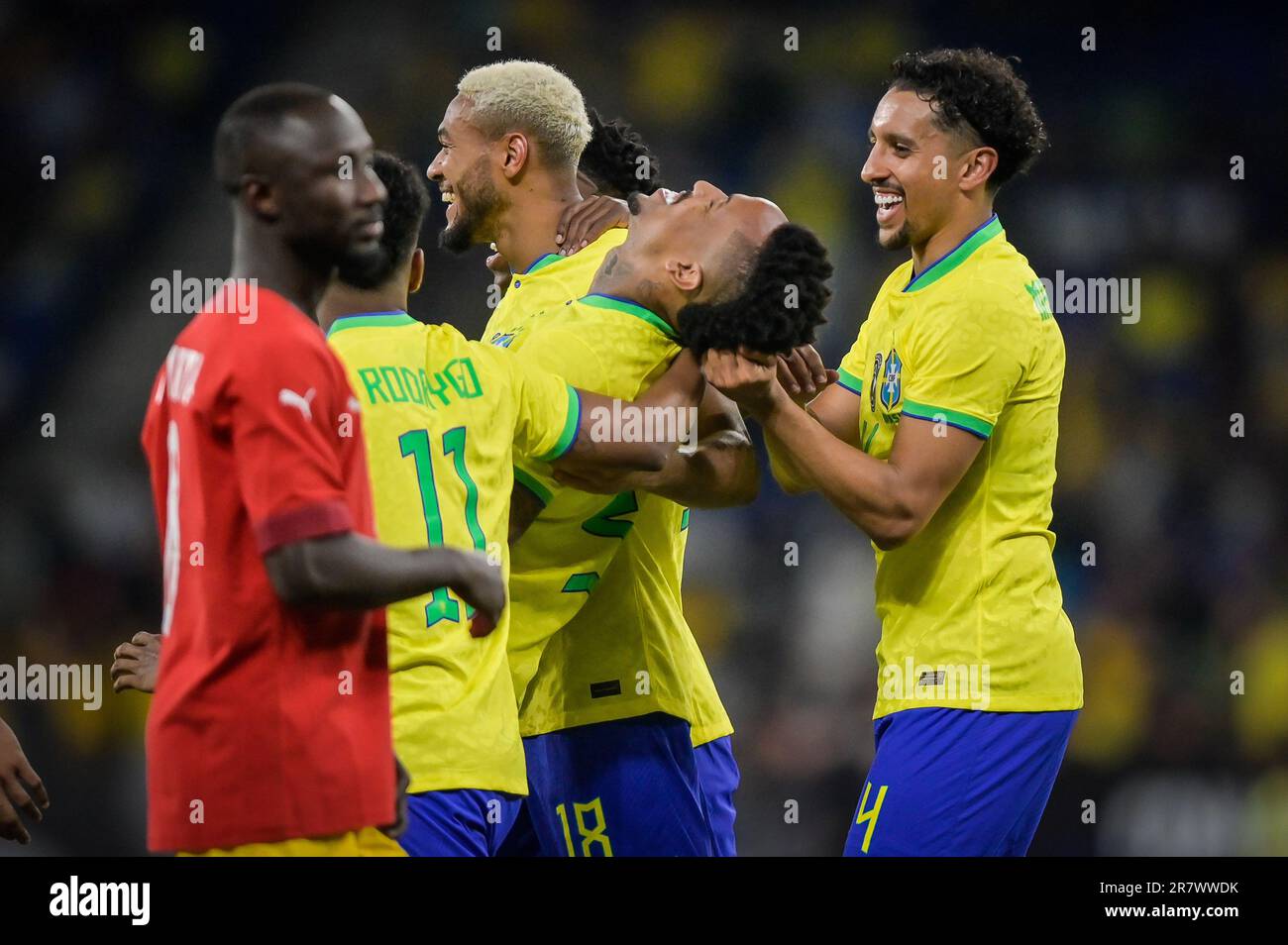 Barcelona, Spain. 17th June, 2023. Eder Militao (Brazil) celebrates after scoring his team's goal with team mates during a International Frendly match between Brazil and Guinea at Stage Front Stadium, in Barcelona, Spain on June 17, 2023. (Photo/Felipe Mondino) Credit: Live Media Publishing Group/Alamy Live News Stock Photo