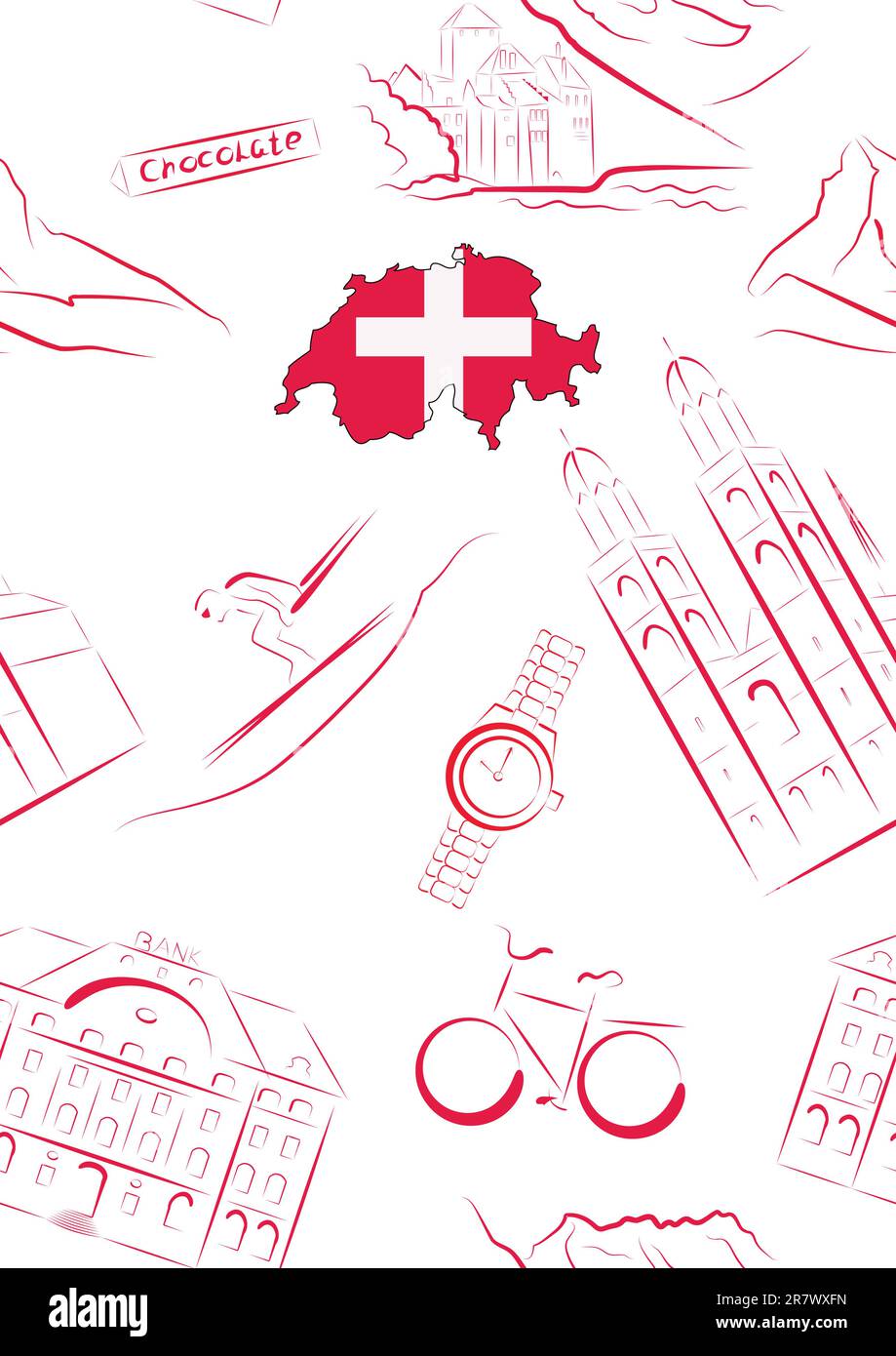 Set of vector drawn stylized sights and symbols of Switzerland. Seamless. Stock Vector