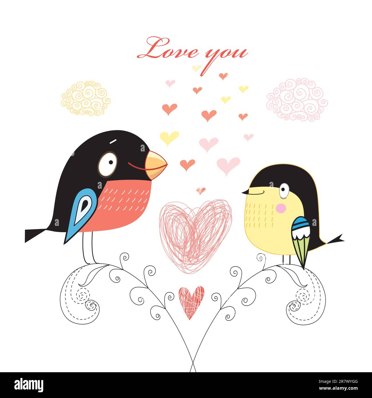 fun loving bullfinch and titmouse on a white background with hearts Stock Vector
