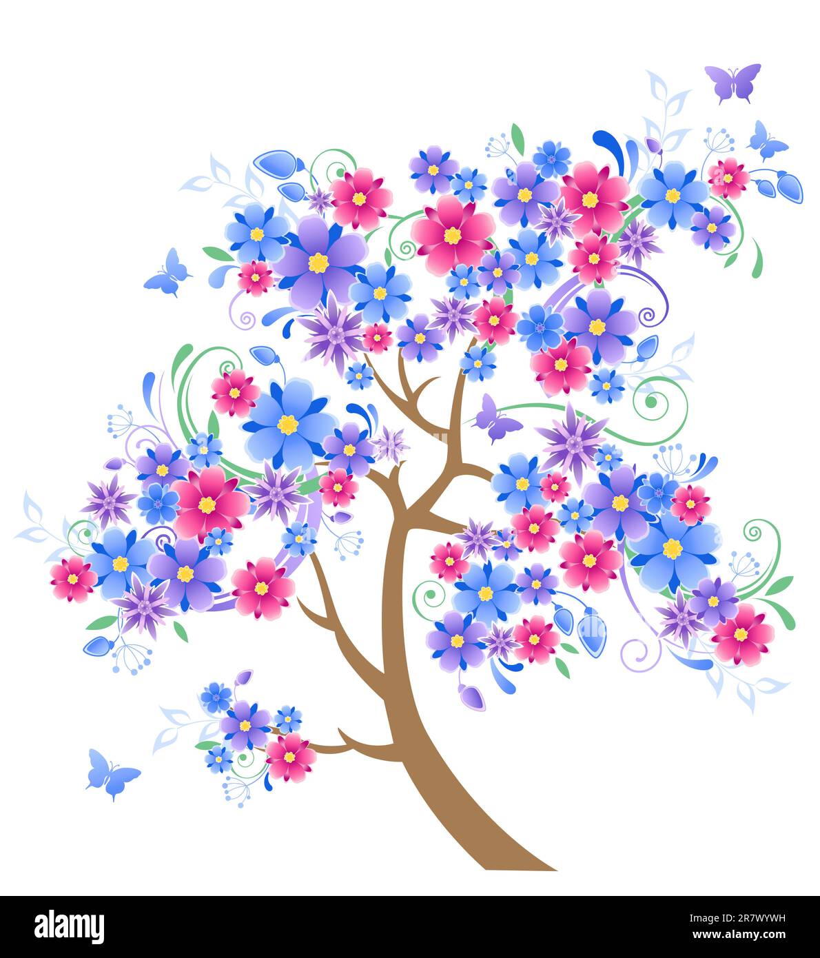 blue flowering tree and butterflies on a white background Stock Vector ...
