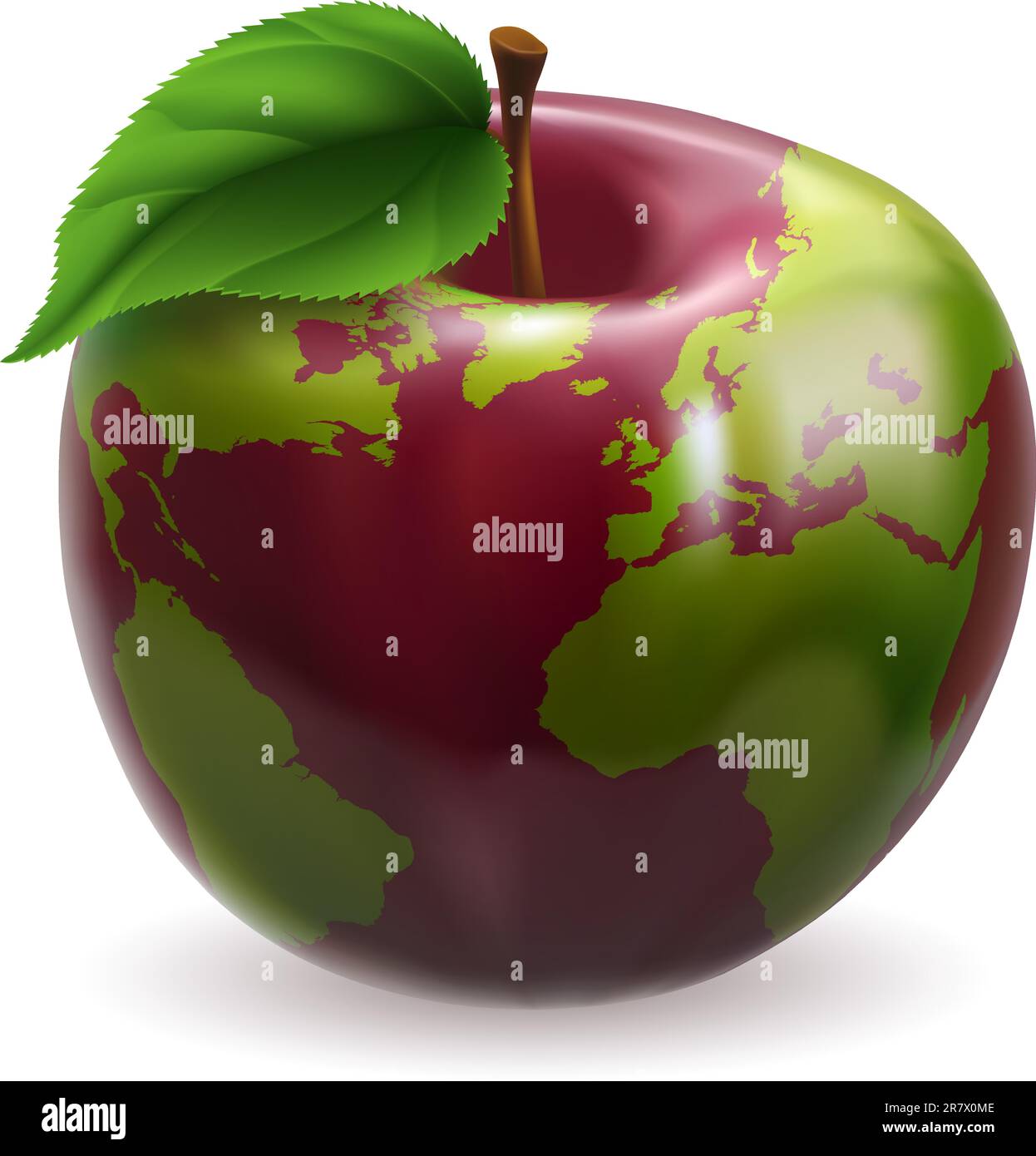 Red and green apple with world globe pattern on skin Stock Vector