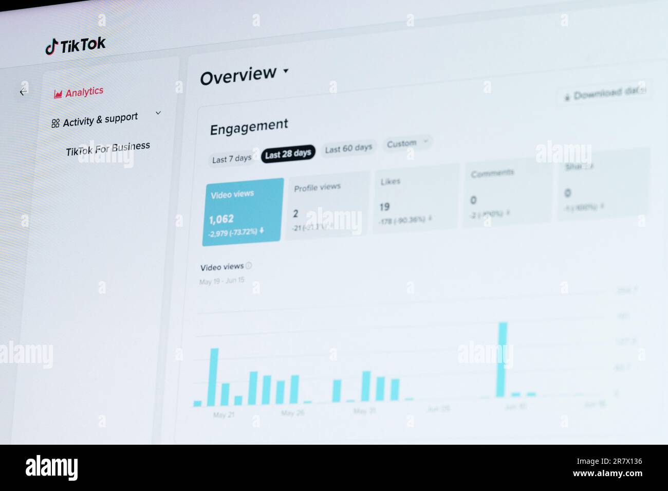 New York, USA - June 17, 2023: TikTok Analytics engagement  menu close up on laptop screen Stock Photo