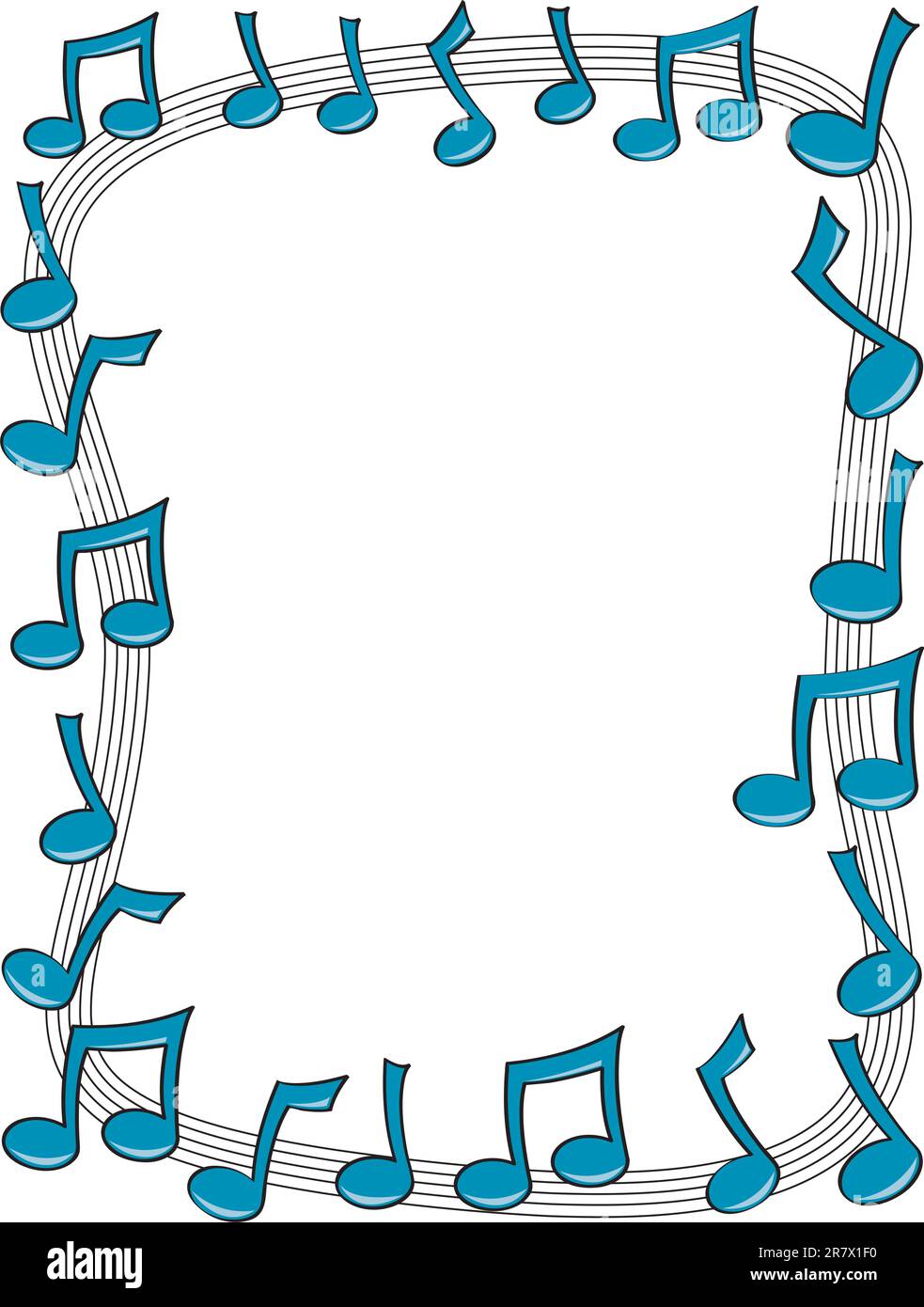 A border made up of blue music notes dancing on top of a curving staff ...