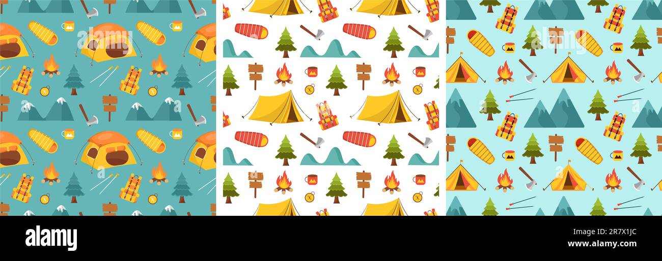 Set of Summer Camp Seamless Pattern Design of Camping and Traveling ...
