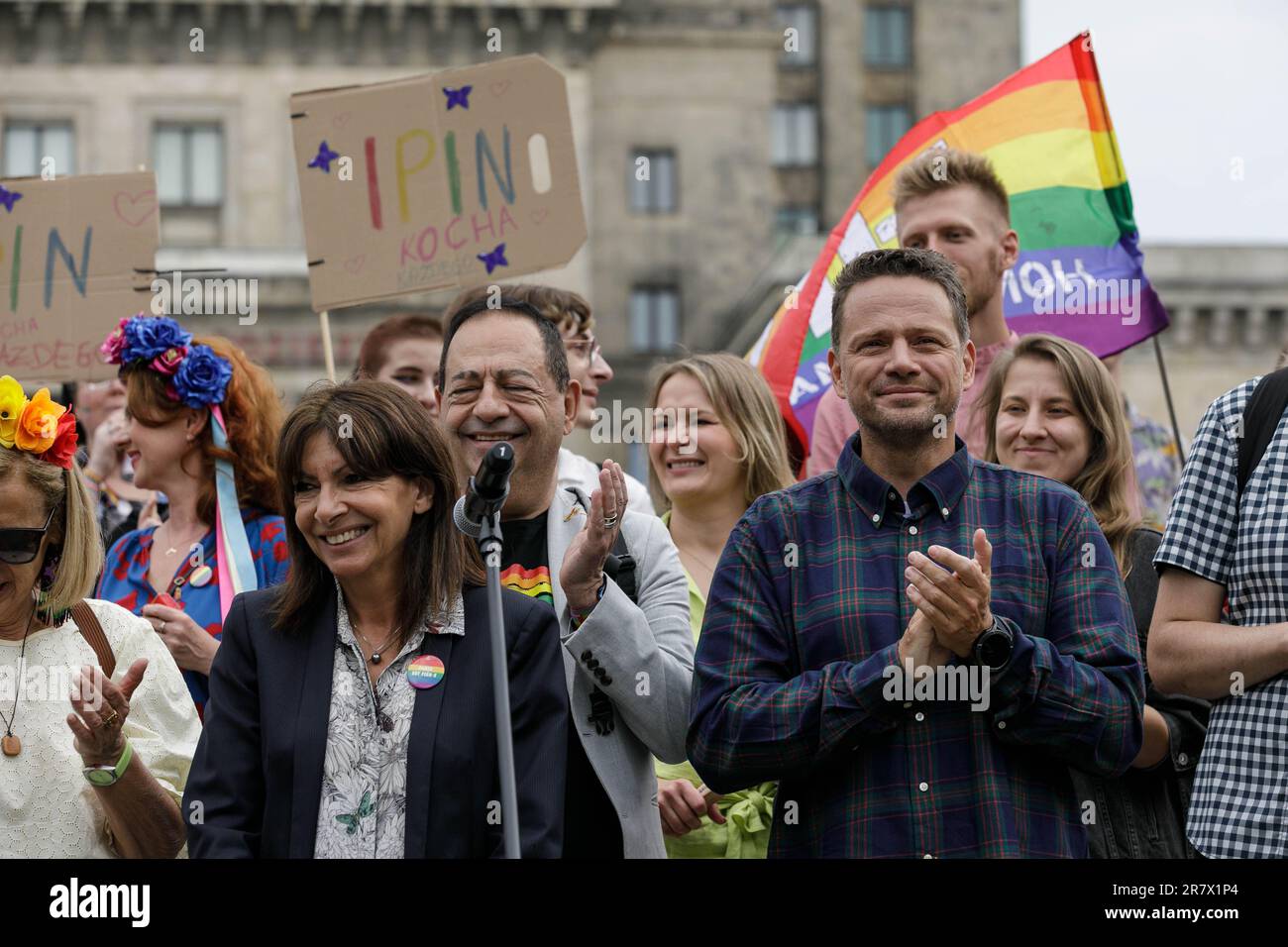 Warsaw, Poland. 17th June, 2023. Paris Mayor Anne Hidalgo (L) and Warsaw Mayor Rafa? Trzaskowski (R) greet people at the start of the Warsaw Equality Parade. This year's Equality Parade was dedicated to the rights of transgender people and was celebrated under the slogan 'We predict equality and beauty! The Equality Parade passed through the streets of Warsaw for the 17th time. It is the largest manifestation of LGBTQ  communities in Poland. (Photo by Volha Shukaila/SOPA Images/Sipa USA) Credit: Sipa USA/Alamy Live News Stock Photo