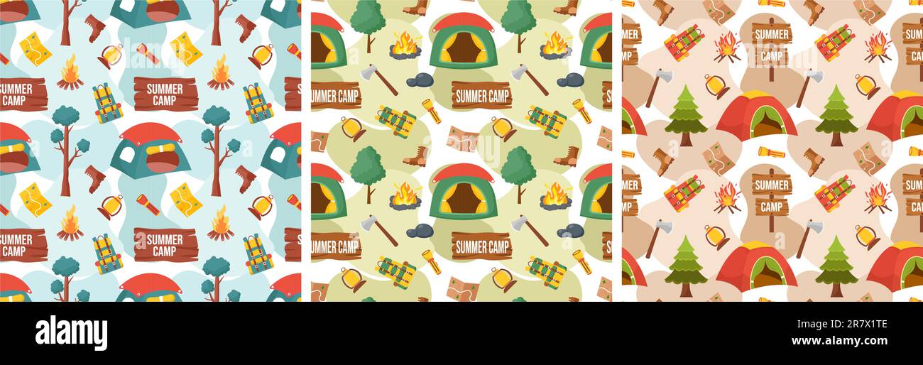 Set of Summer Camp Seamless Pattern Design of Camping and Traveling ...