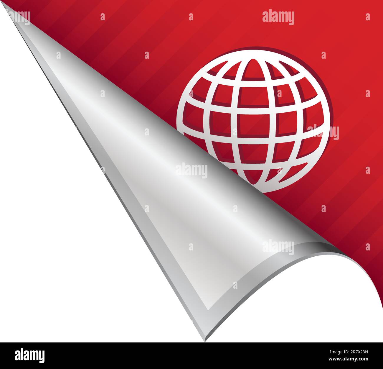 Globe or international icon on vector peeled corner tab suitable for use in print, on websites, or in advertising materials. Stock Vector