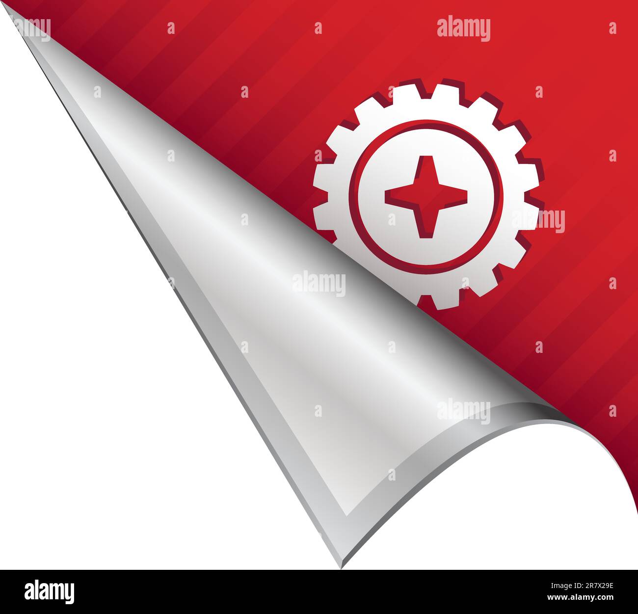 Gear or settings icon on vector peeled corner tab suitable for use in print, on websites, or in advertising materials. Stock Vector