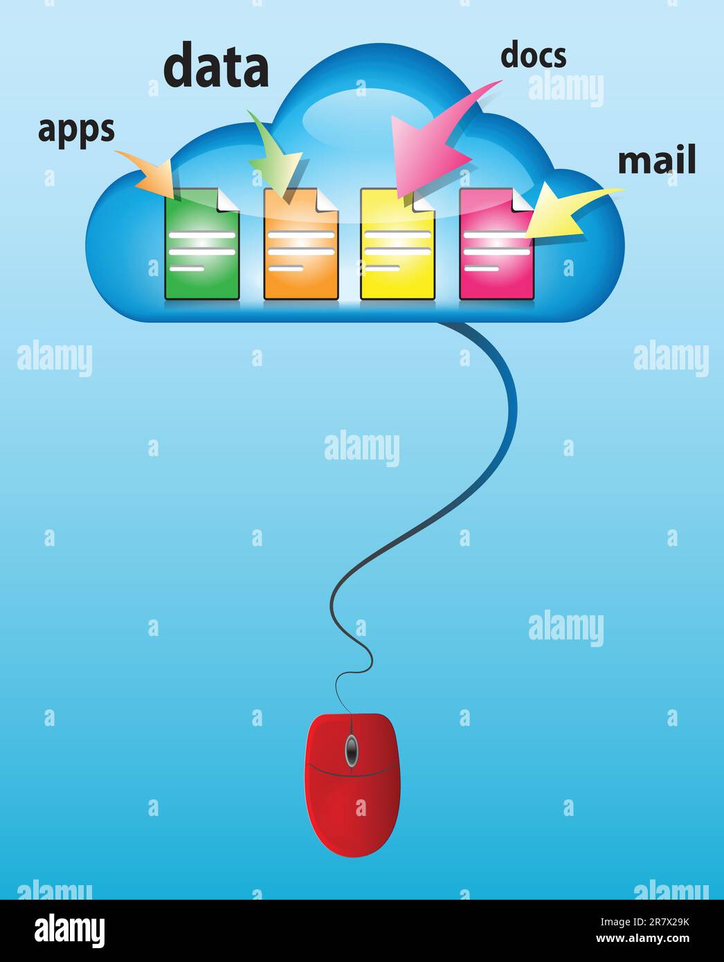 Cloud computing concept with glossy cloud, computer mouse and different ...