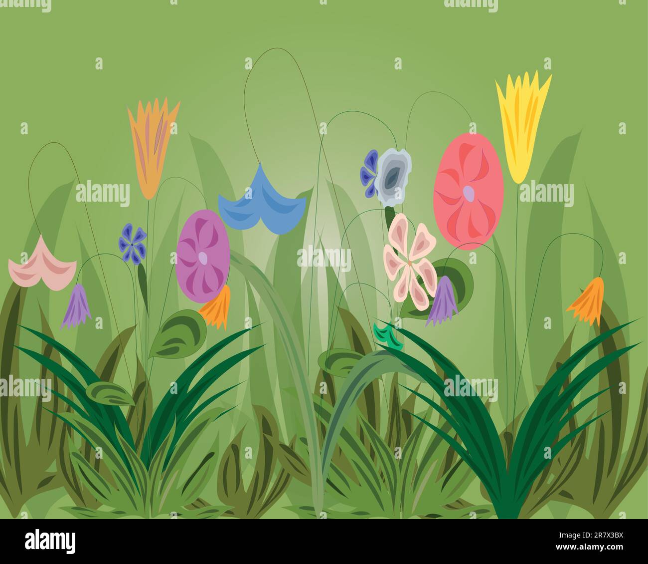 Green background with flowers and herb, vector, illustration Stock Vector