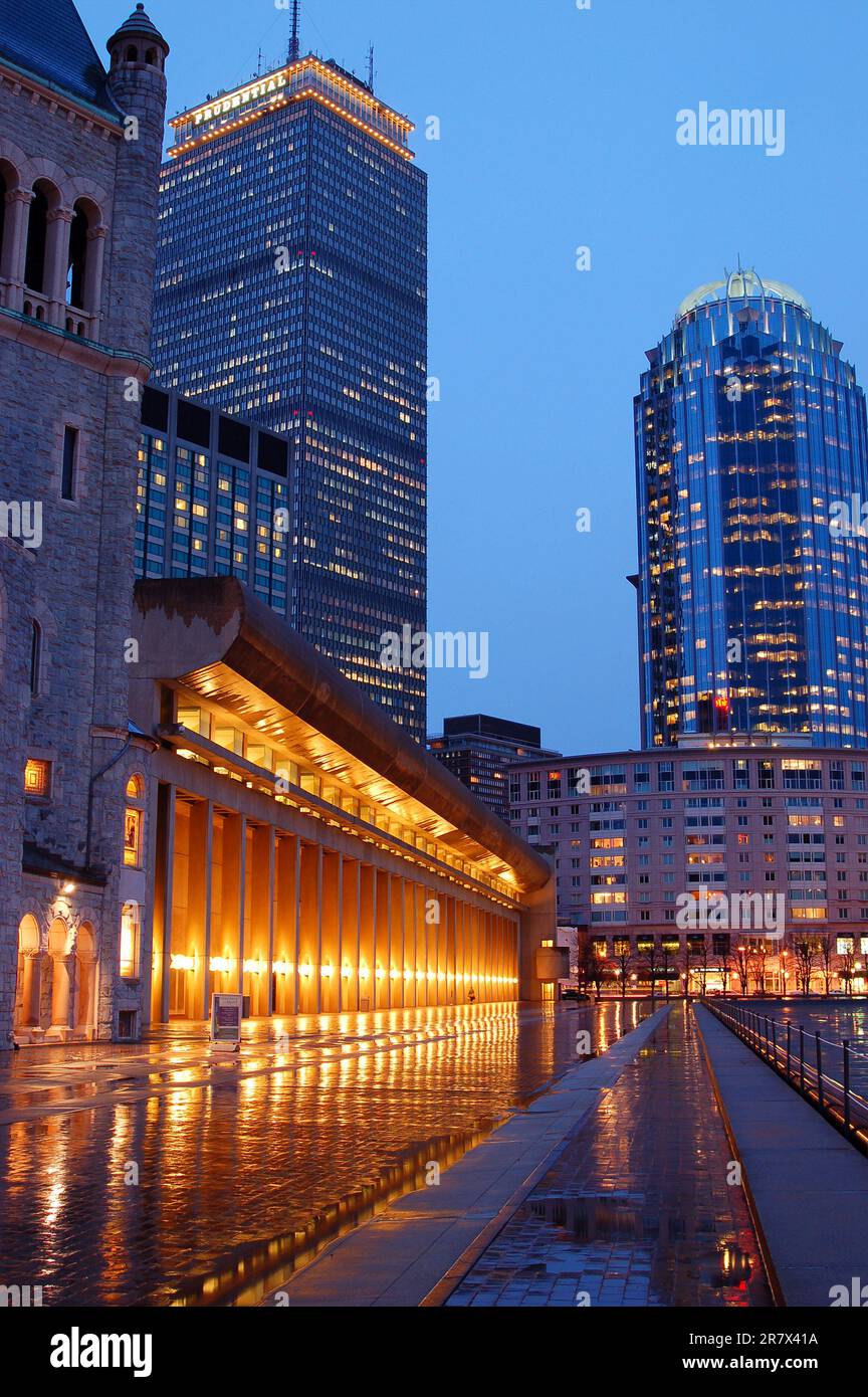 A rainy evening reflects the lights of the Boston skyline in the Back Bay neighborhood Stock