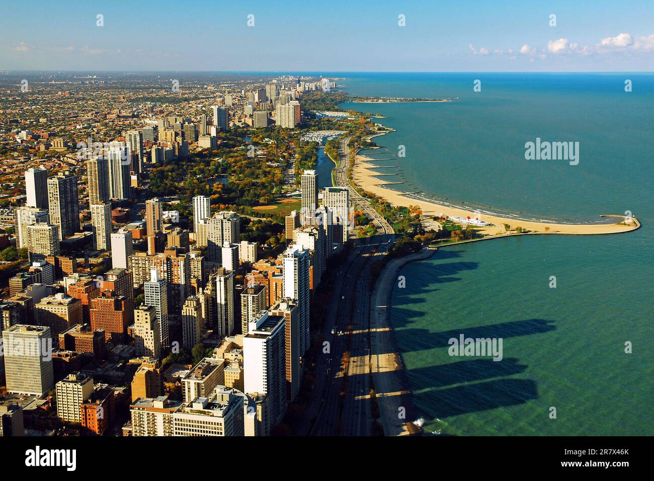 An aerial perspective offers a view of the Chicago North Side and the shore along Lake Michigan Stock Photo