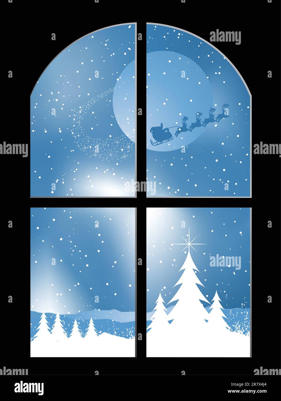 View through a window of santa flying through the sky on a snowy night Stock Vector