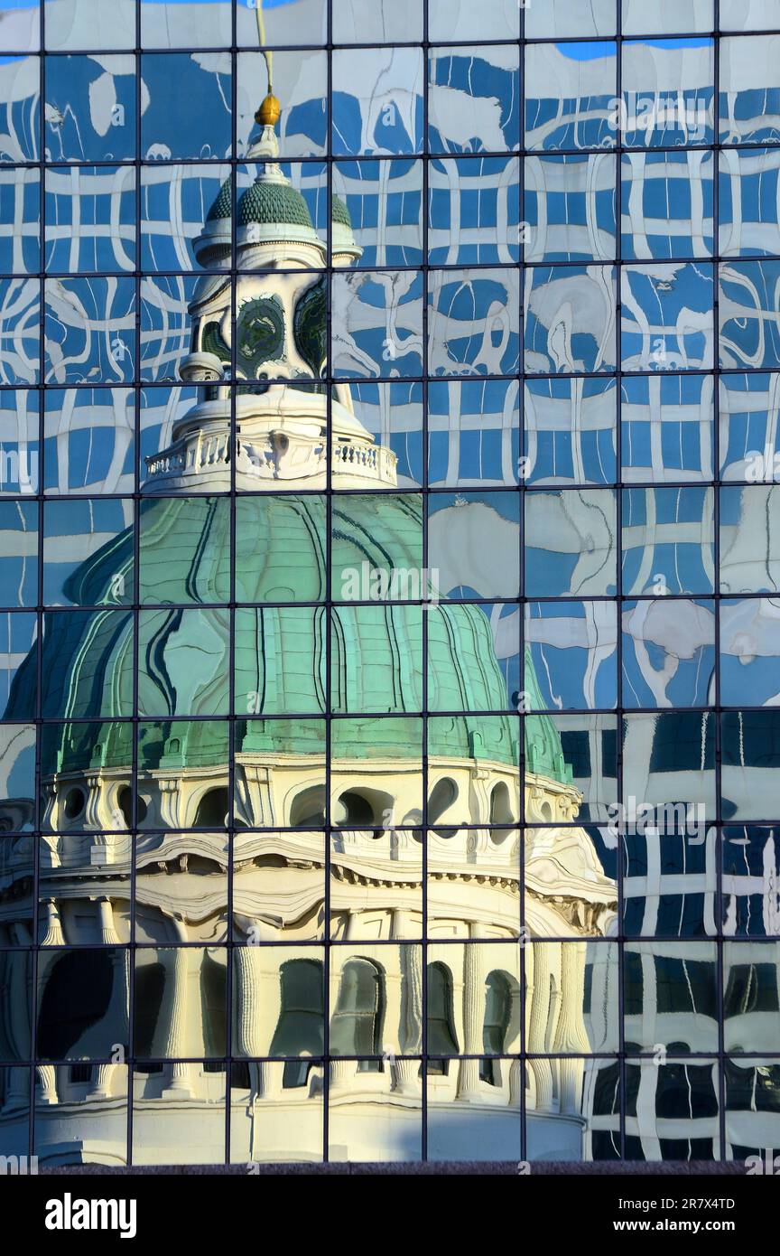 Abstract reflections of the historic Old Courthouse in a modern office building in downtown St Louis, Missouri Stock Photo