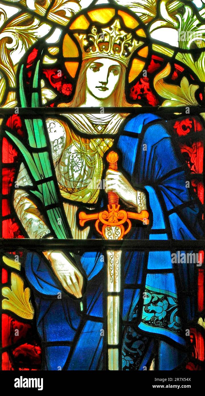 St Agnes, of Rome, 3rd century virgin martyr, saint, stained glass window, by J Powell & Son, 1900, Blakeney, Norfolk, England Stock Photo