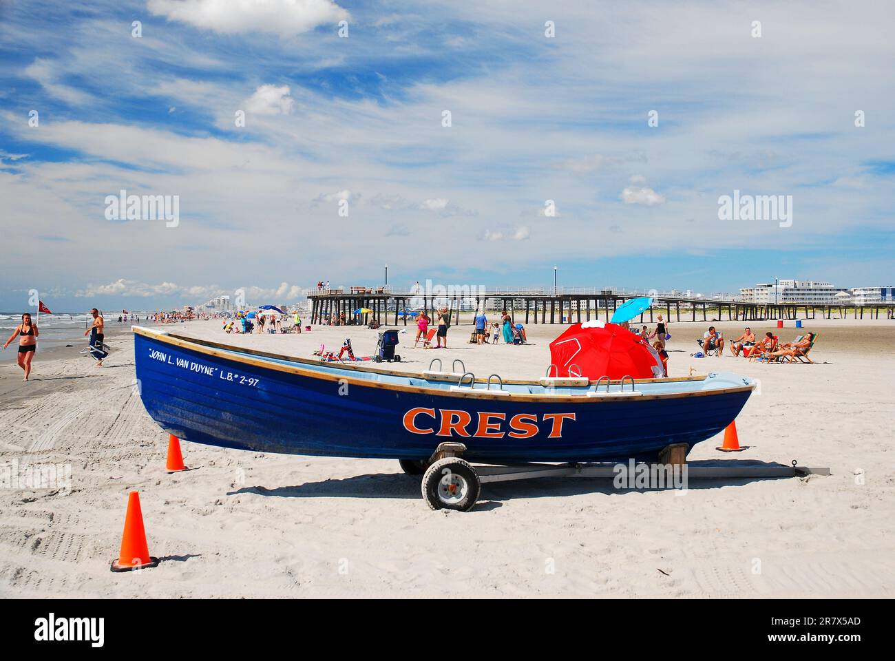 A lifeguard boat stakes its place in Wildwood Crest, New Jersey on a