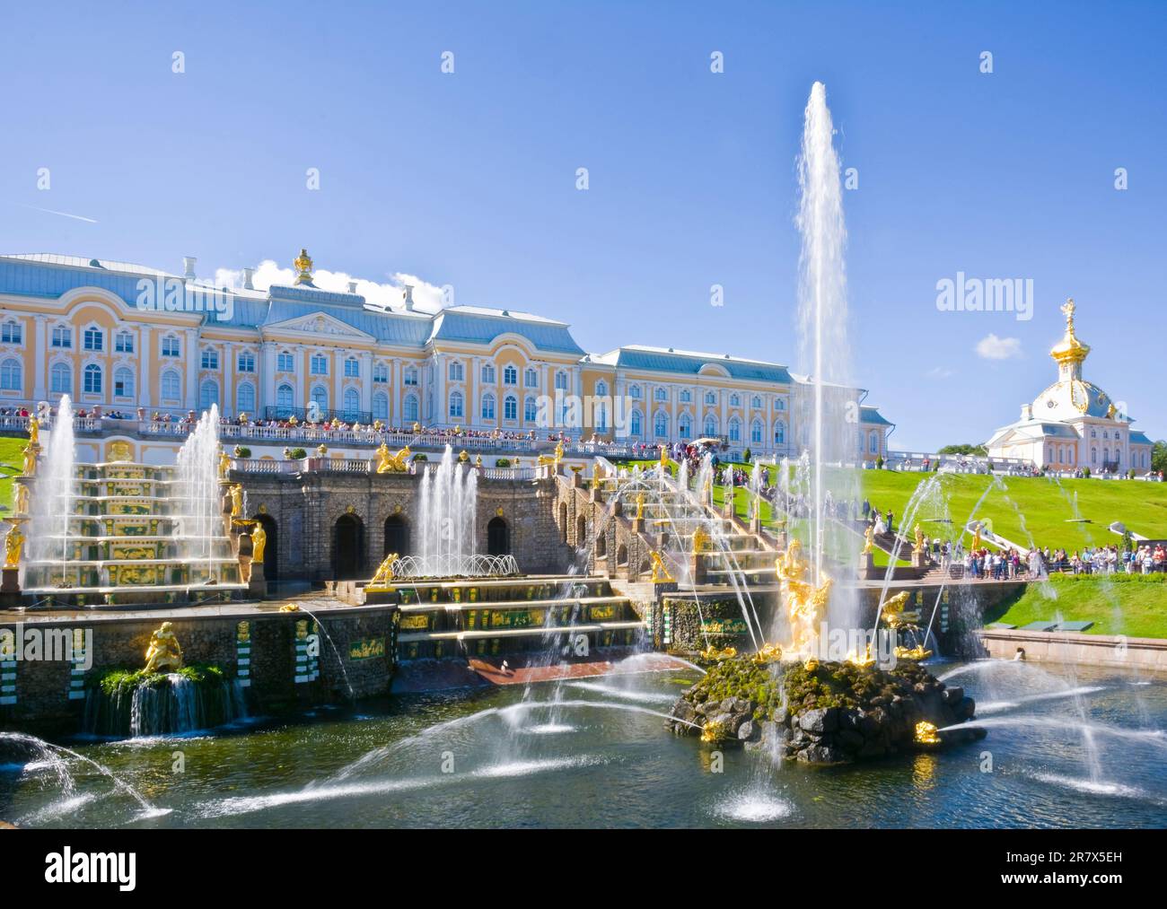 Historical Peterhof Palace of Russia with water fountains, golden statues and sculptures in St Petersburg Stock Photo