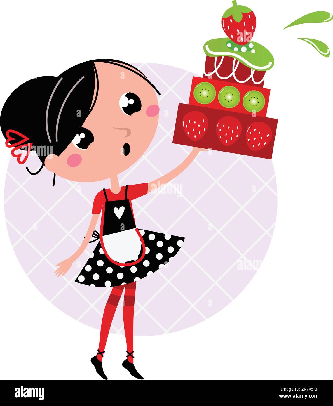 Cute retro girl holding Cake. Vector cartoon illustration Stock Vector