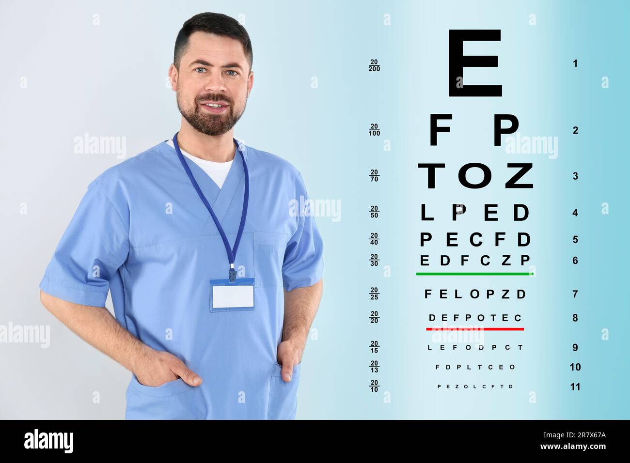 Vision test. Ophthalmologist or optometrist and eye chart on light background Stock Photo