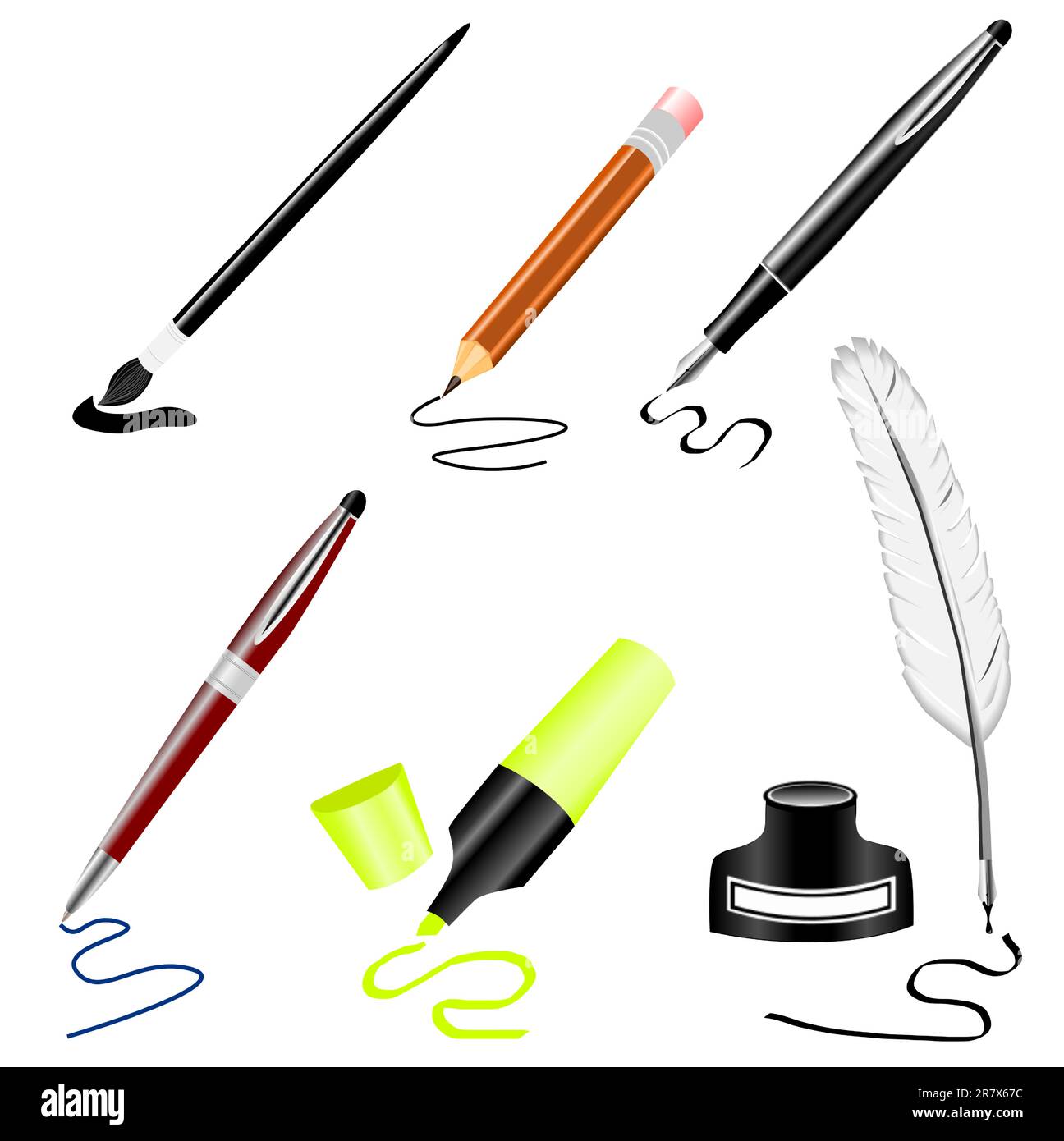 Illustration of pen, pencil, paint brush, marker and inkstand Stock
