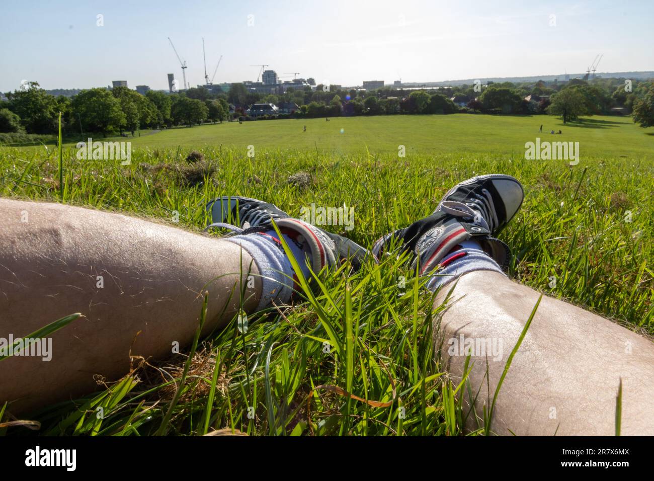 Legs on the grass wearing Convers shoes and long socks with a heart pattern. Cityscape skyline on a sunny summer day in the park. Stock Photo