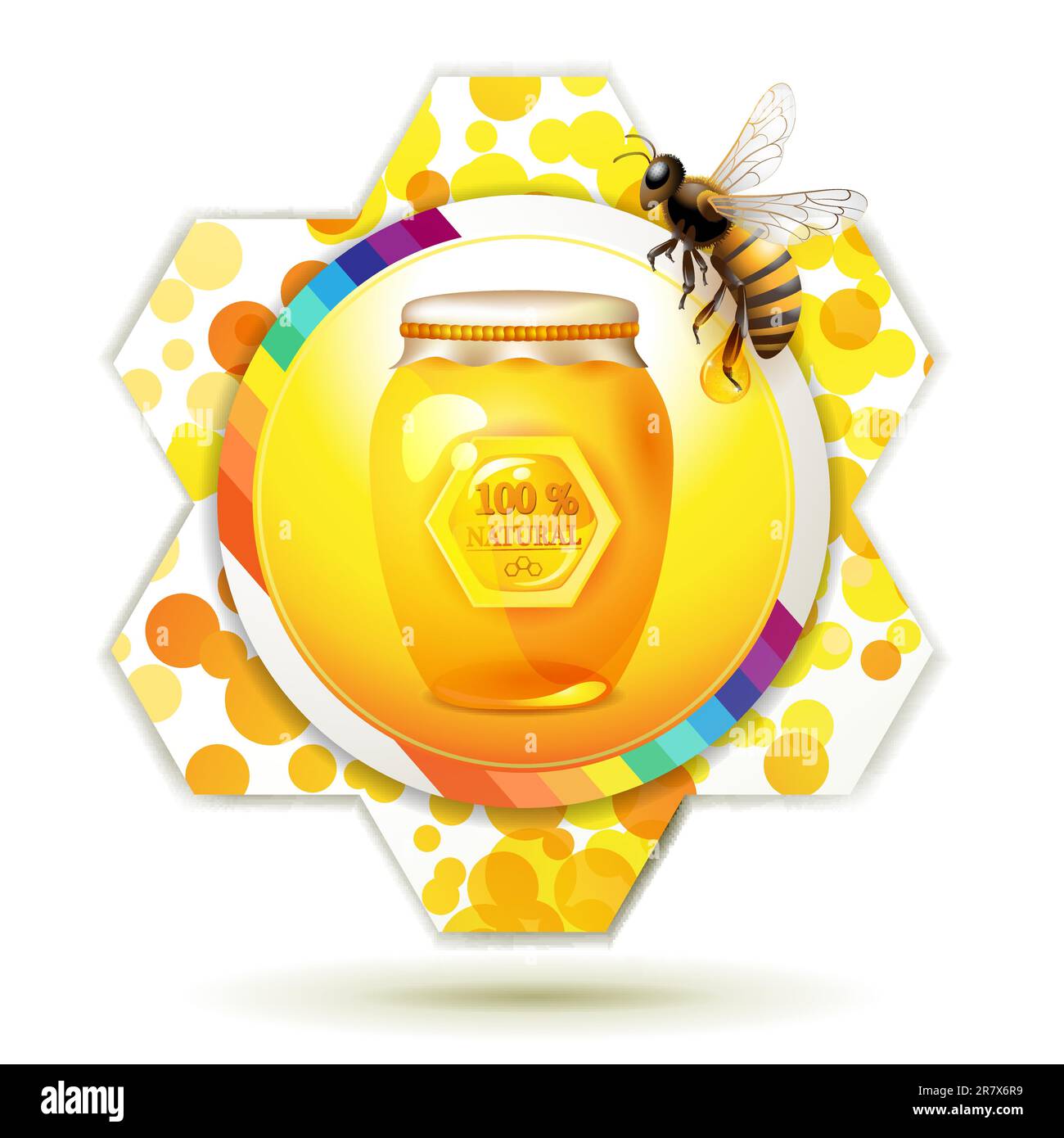 Glass jar with bee and honeycomb over white background Stock Vector