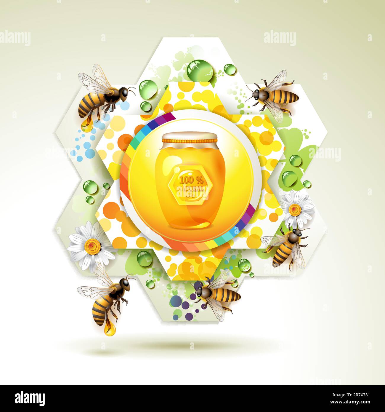 Glass jar with bee and honeycomb over floral background Stock Vector